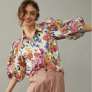 ANTHROPOLOGIE MAEVE Rachael collared  Floral Blouse Balloon Sleeve Size Medium